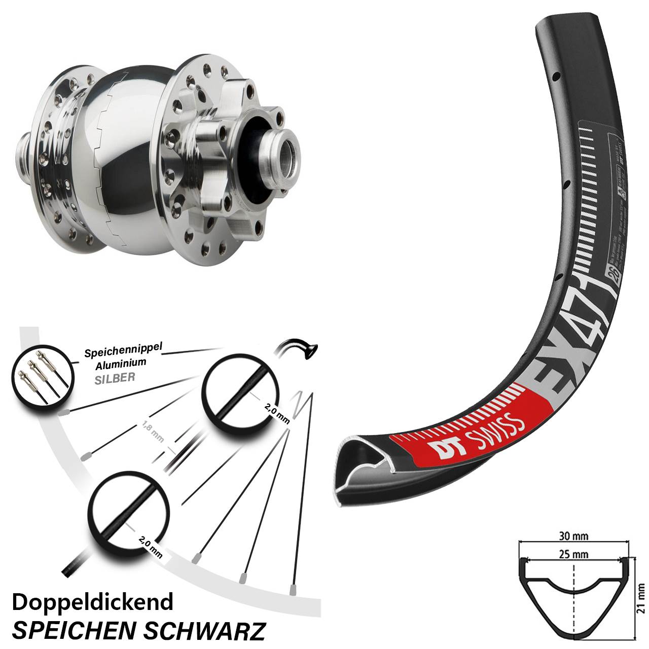 Disc Nabendynamolaufrad 12x100 29 Zoll DT Swiss EX471 SON 28 poliert