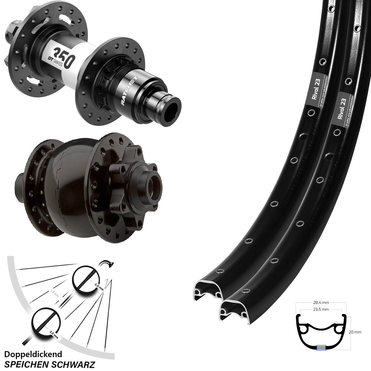 Ryde Rival 23 DT Swiss 350 SON 28 27,5 Zoll Disc Laufradsatz 15x100 12x142 XD