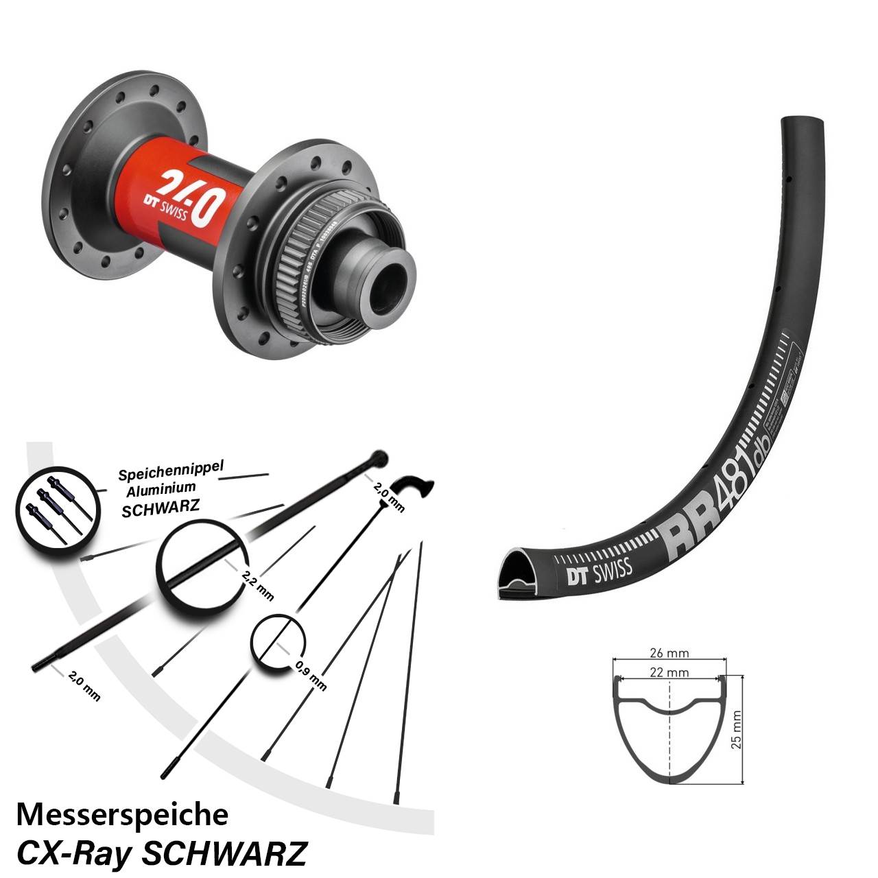Vorderrad Road Disc 28 Zoll 240 DT Swiss RR 481 Steckachse 12x100 mm CX Ray Messerspeichen