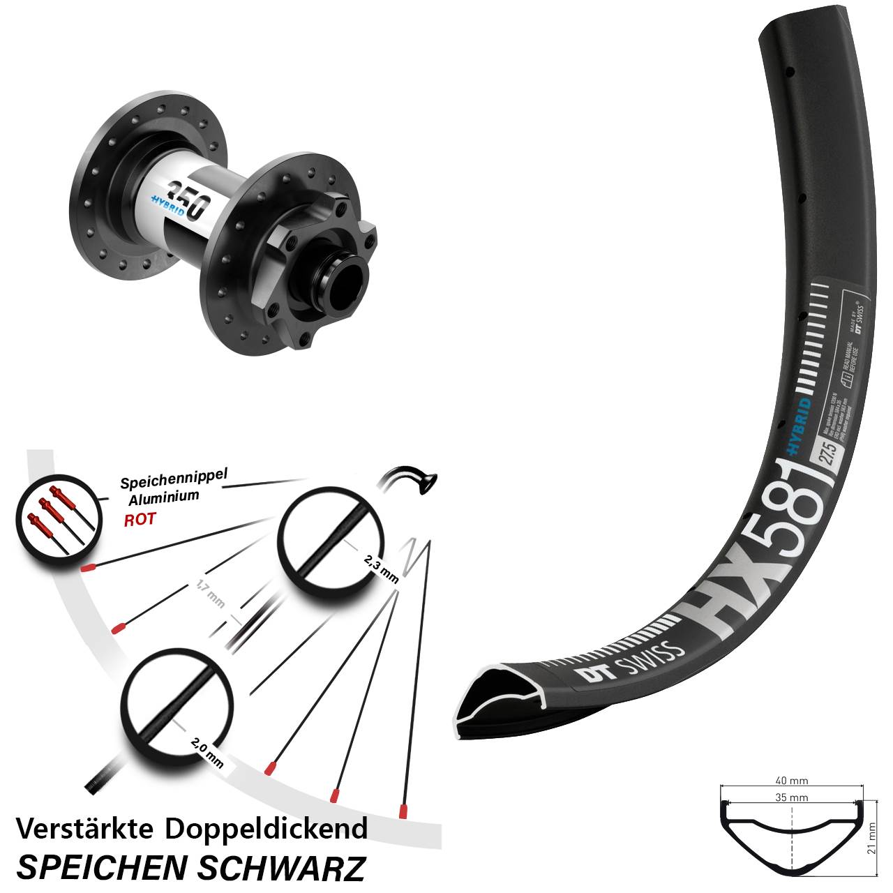 6-Loch Vorderrad 27,5 Zoll DT Swiss HX 581 350 Hybrid QR