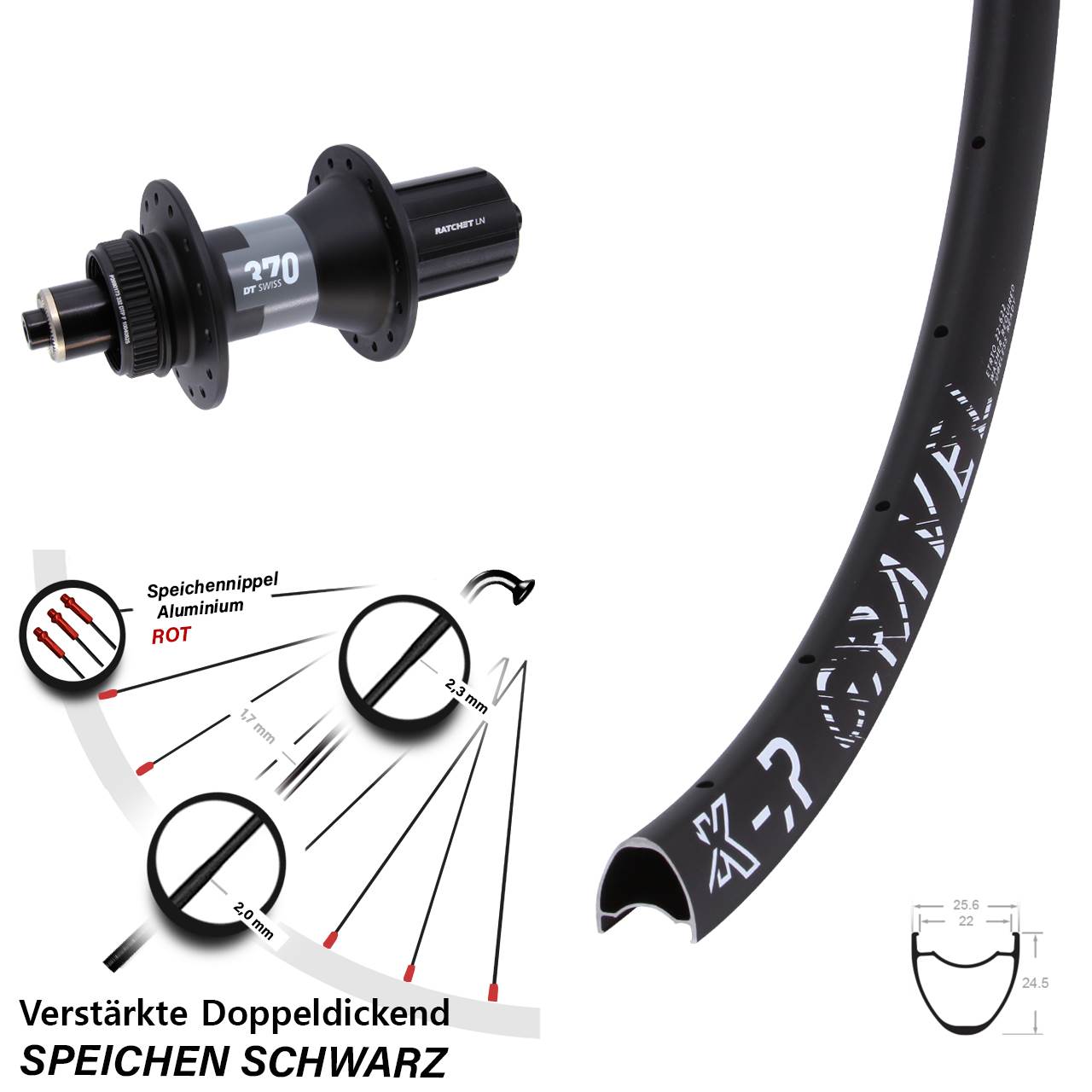 29 Zoll KX-R Gravel DT Swiss 370 Hinterrad Centerlock für Schnellspanner 8-12 fach