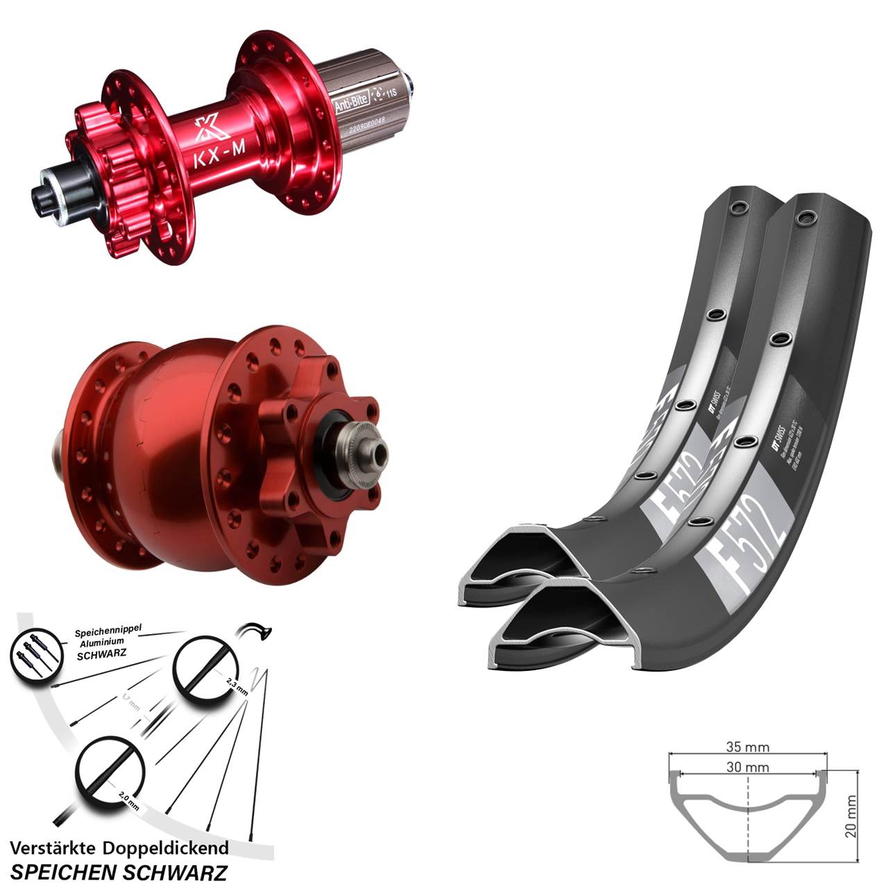 6-Loch Laufradsatz für Schnellspanner 29 Zoll DT Swiss F 572 KX-M rot SON 28 8-12 fach