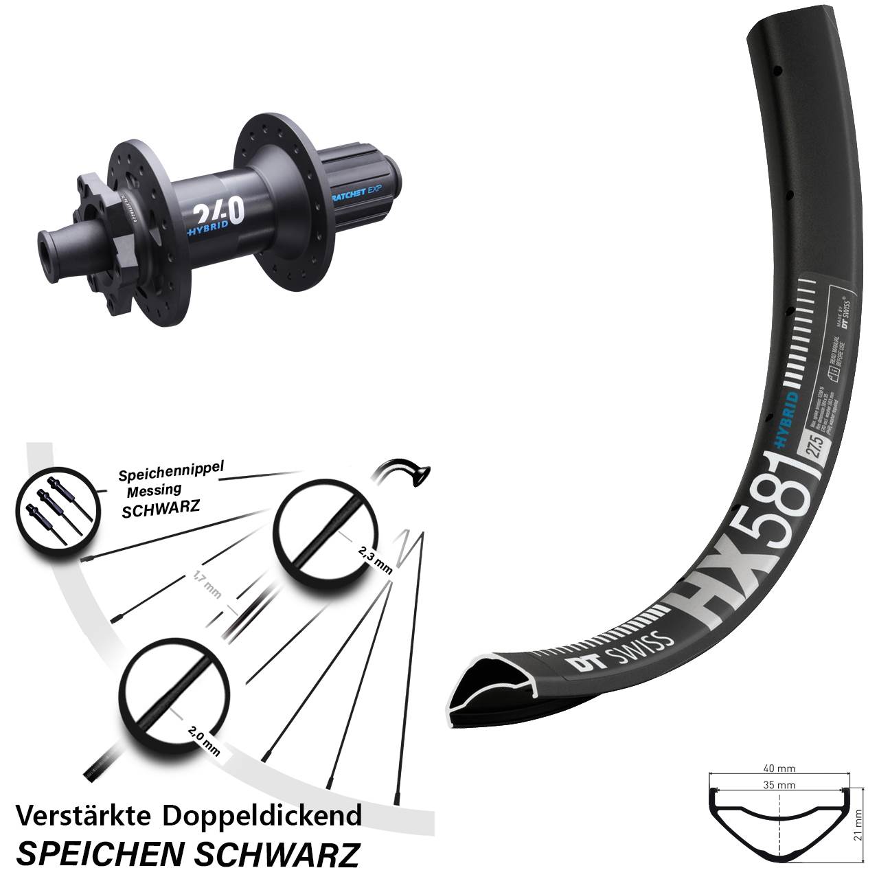 DT Swiss HX 581 Hinterrad 27,5 Zoll DT Swiss 240 Hybrid 12x148 6-Loch HG 8-11 fach