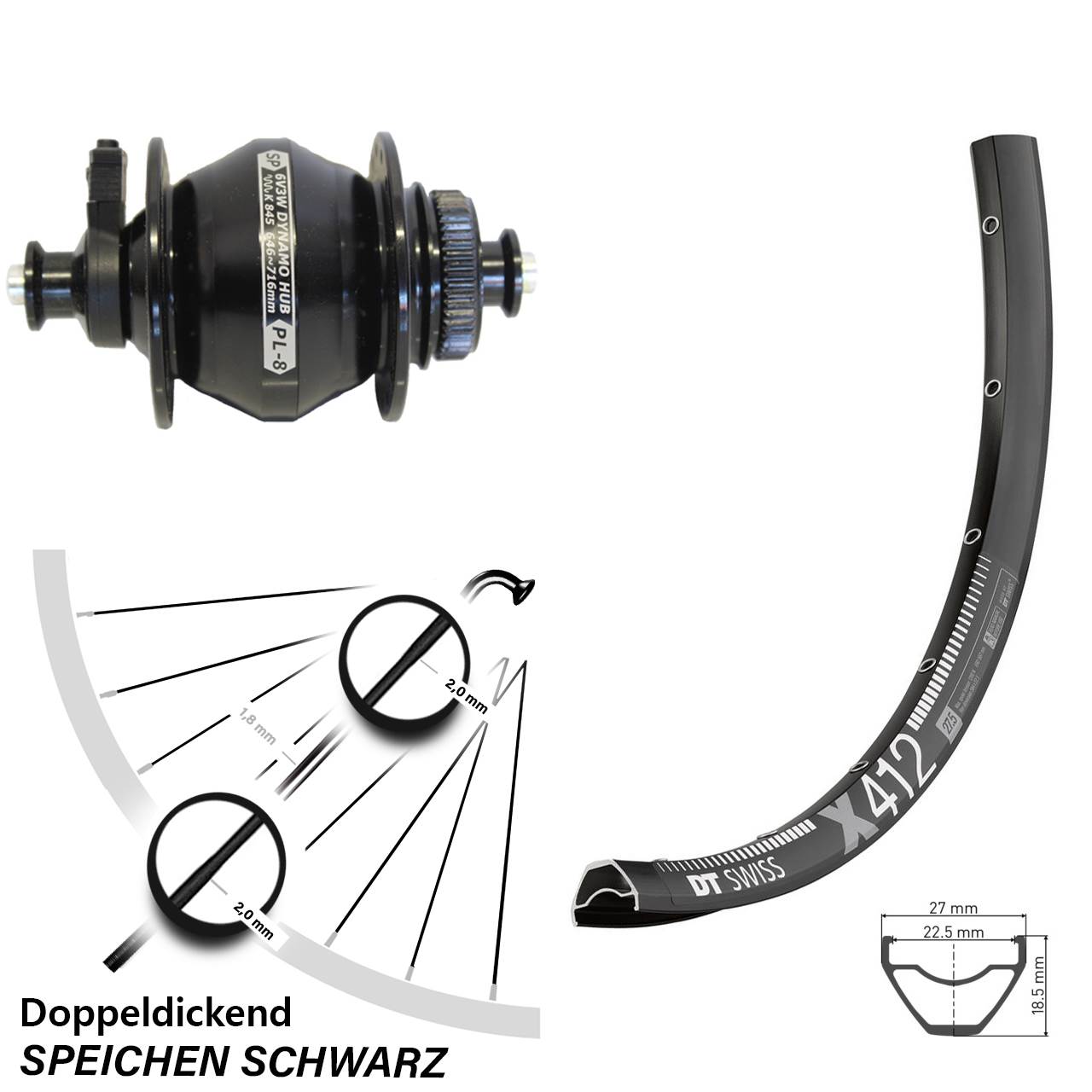 28 Zoll DT Swiss X412 Shutter PL-8 Dynamo-Vorderrad Centerlock für Schnellspanner