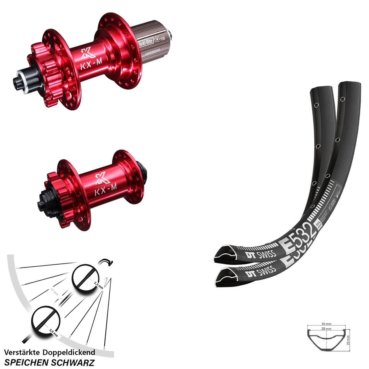 Disc Laufradsatz für Schnellspanner 27,5 Zoll DT Swiss E532 KX-M rot 8-12 fach HG