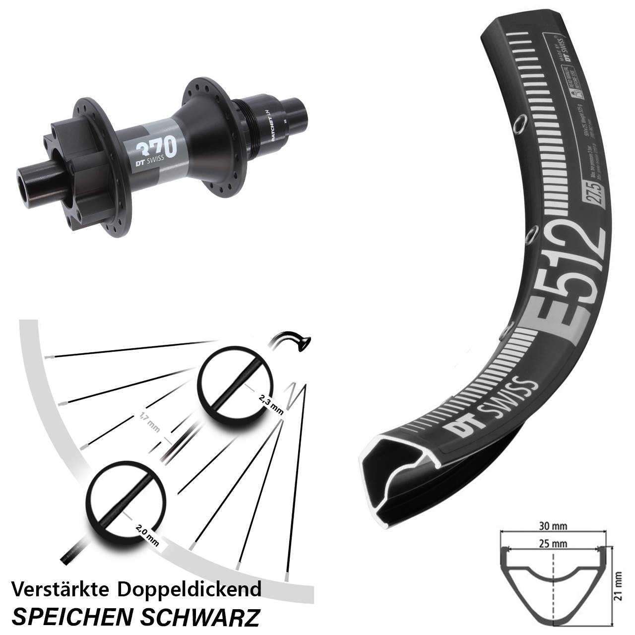 27,5 Zoll DT Swiss E 512-370 Hinterrad 12x148 Boost 6-Loch XD