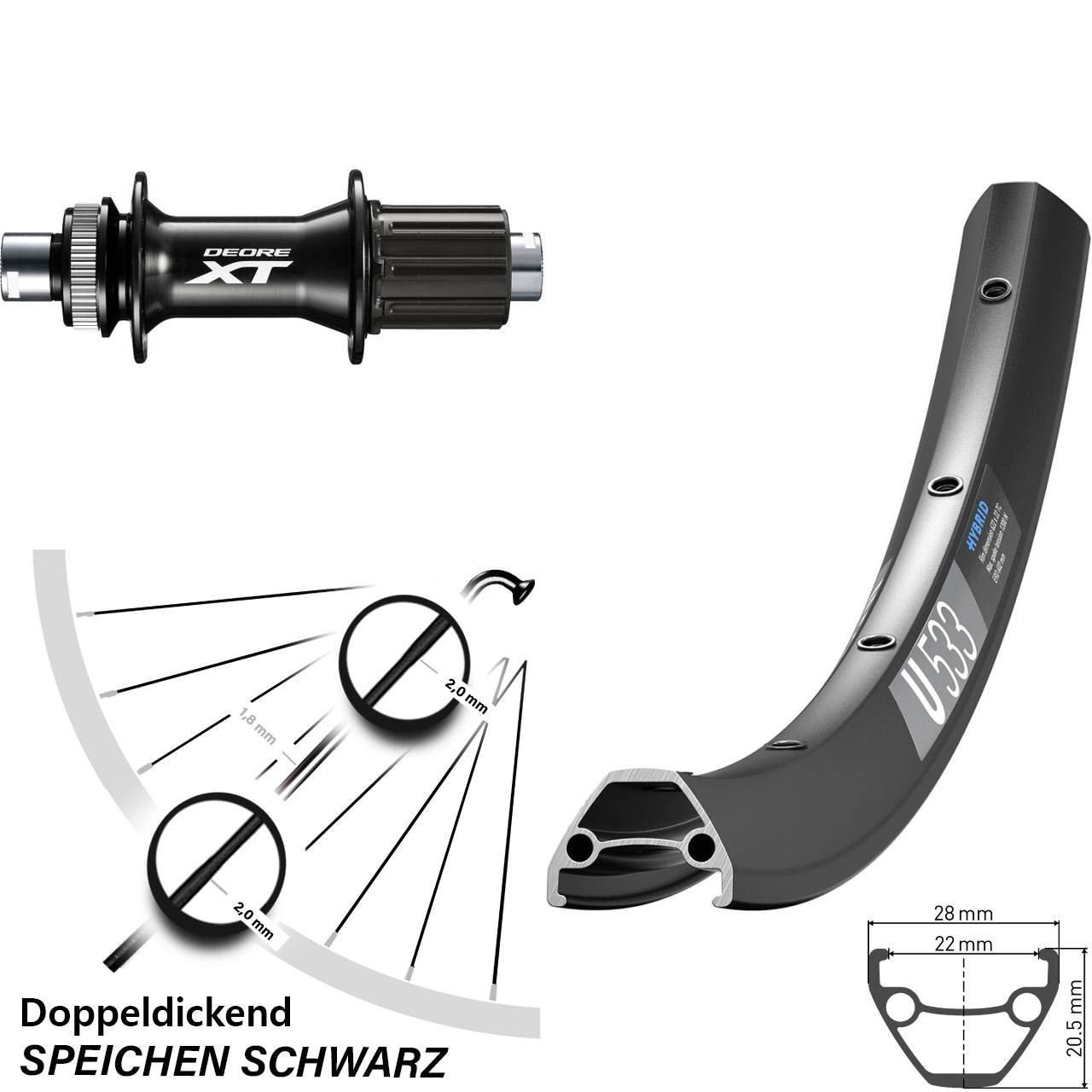28 Zoll DT Swiss U 533 Shimano XT Centerlock Hinterrad 12x148 8-11 fach