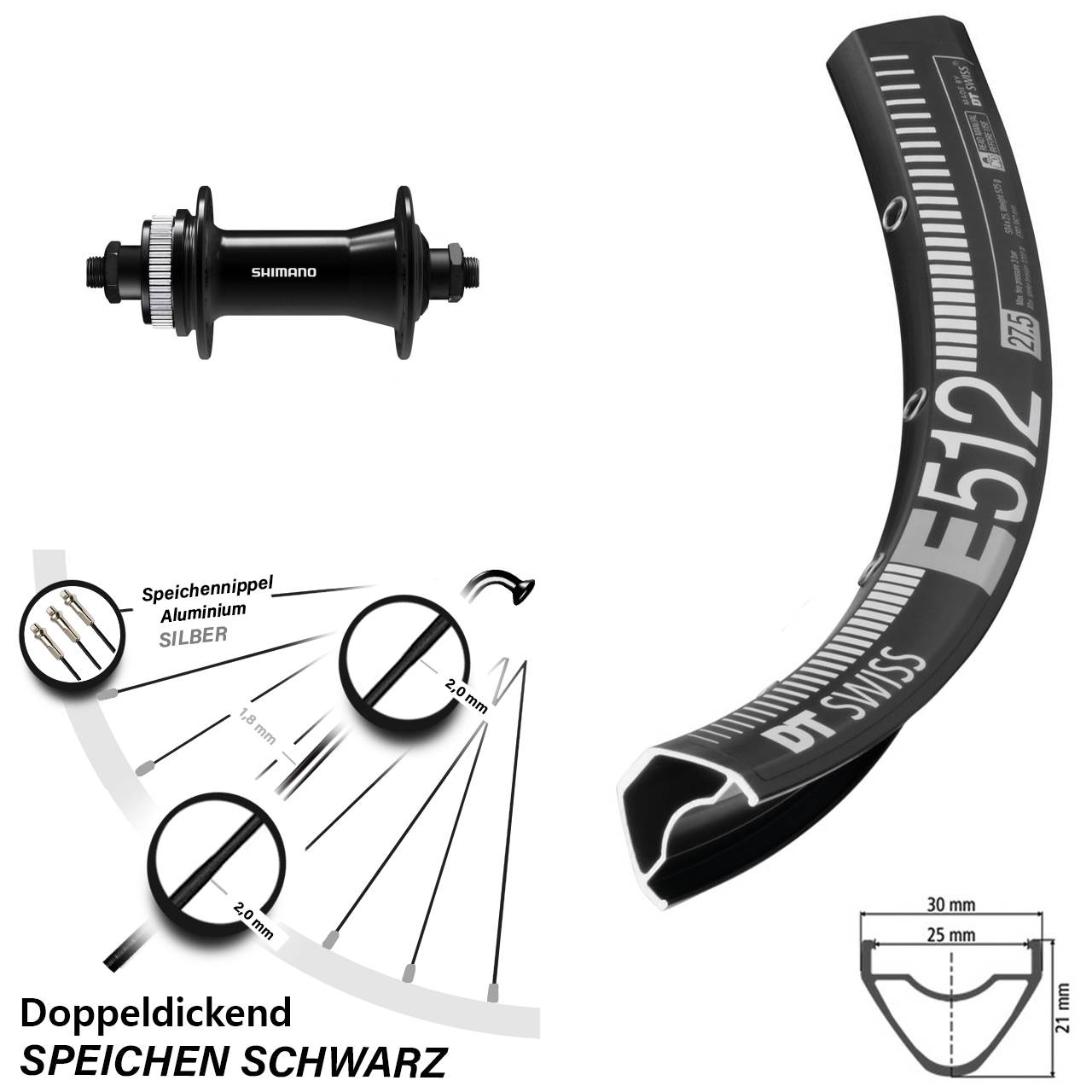 Vorderrad Centerlock für Schnellspanner 27,5 Zoll DT Swiss E512 Shimano HB-QC400