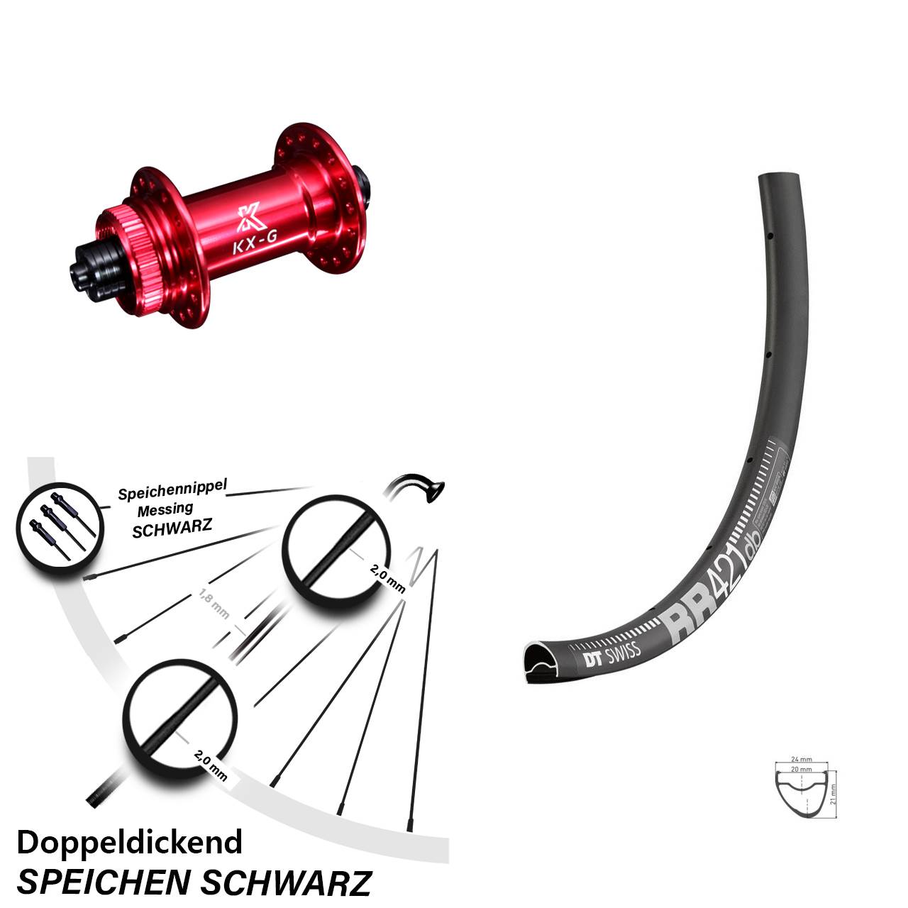 28 Zoll Vorderrad KX-G Nabe rot-eloxiert mit DT Swiss RR 421 DB