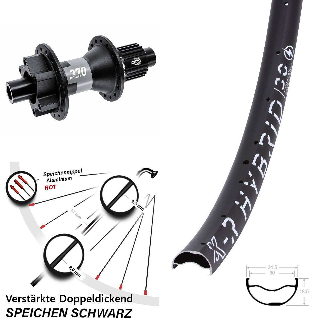 6-Loch Hinterrad 12x142 29 Zoll KX-R Hybrid 30 DT Swiss 370 Shimano Micro Spline
