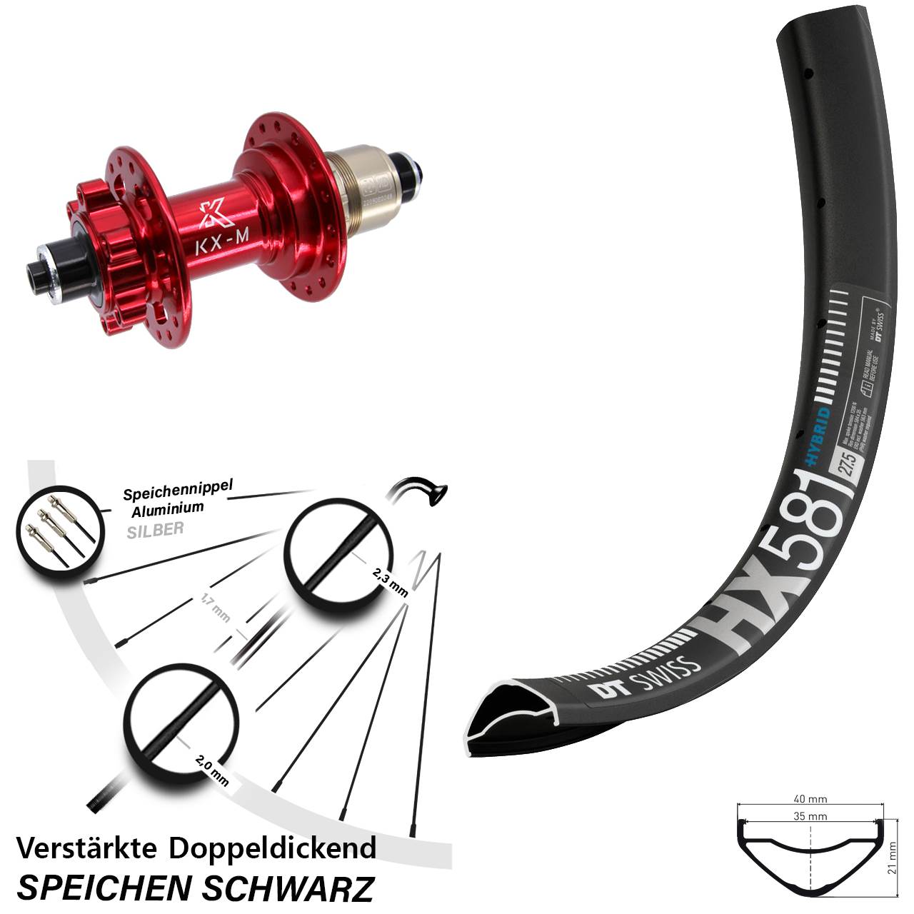 6-Loch Hinterrad 27,5 Zoll DT Swiss HX581 KX-M rot XD 11-12 fach für Schnellspanner
