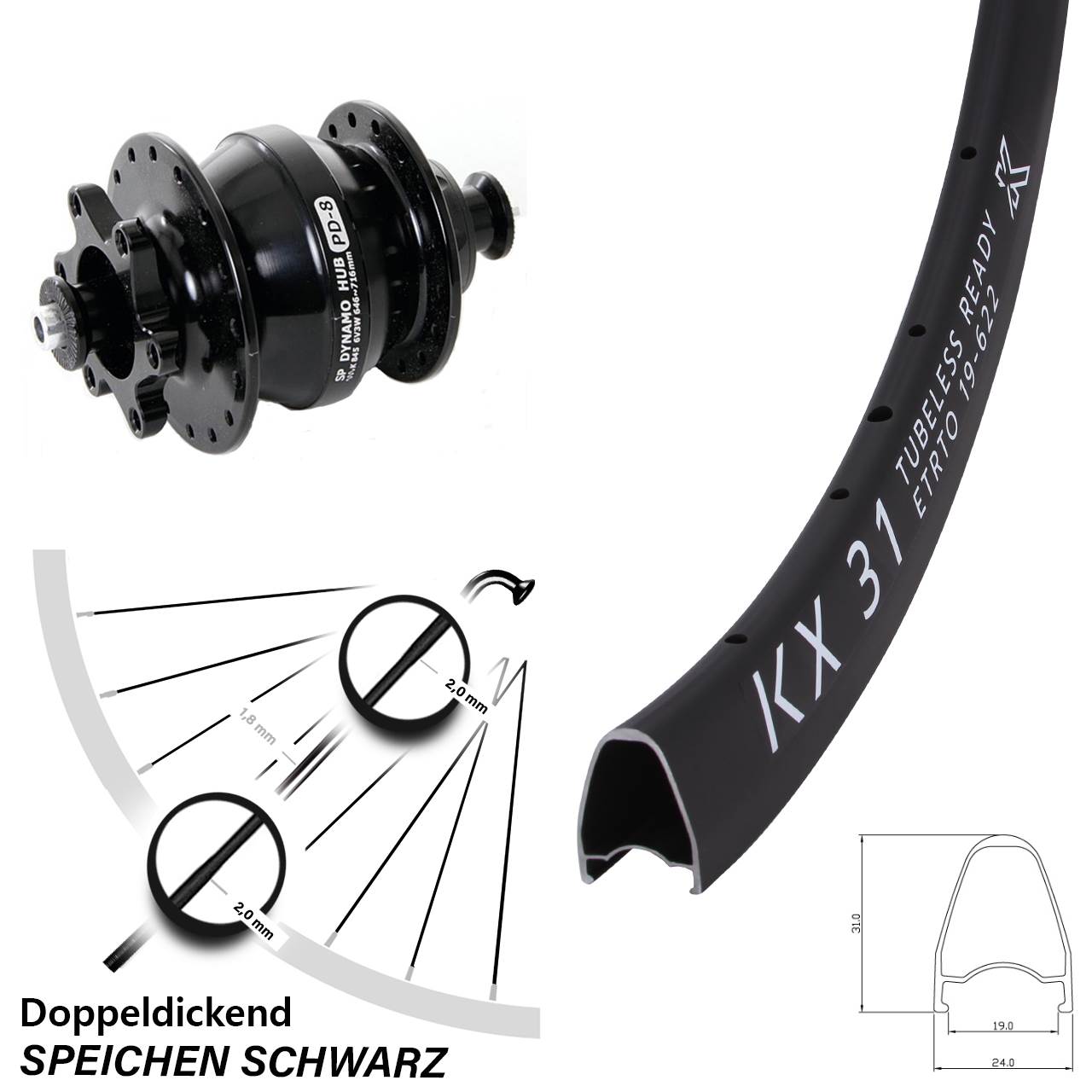 Disc Vorderrad mit Nabendynamo 28 Zoll KX31 Shutter PD-8 für Schnellspanner