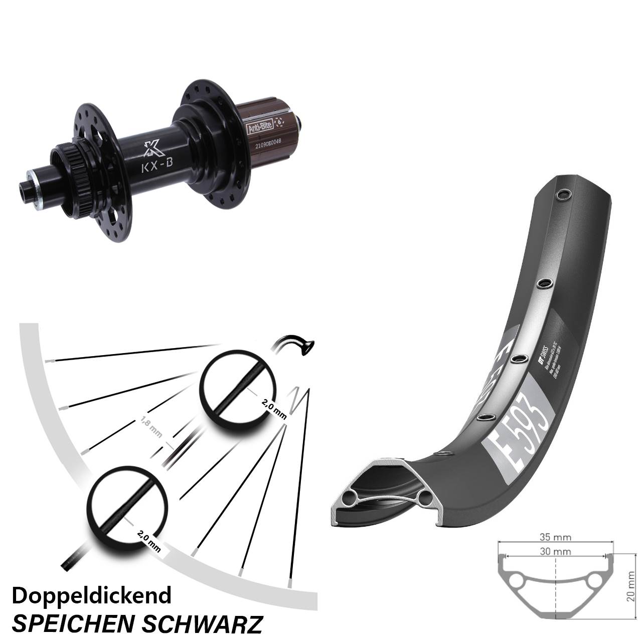 Centerlock Hinterrad 27,5 Zoll DT Swiss E593 KX-B 8-12 fach für Schnellspanner Boost