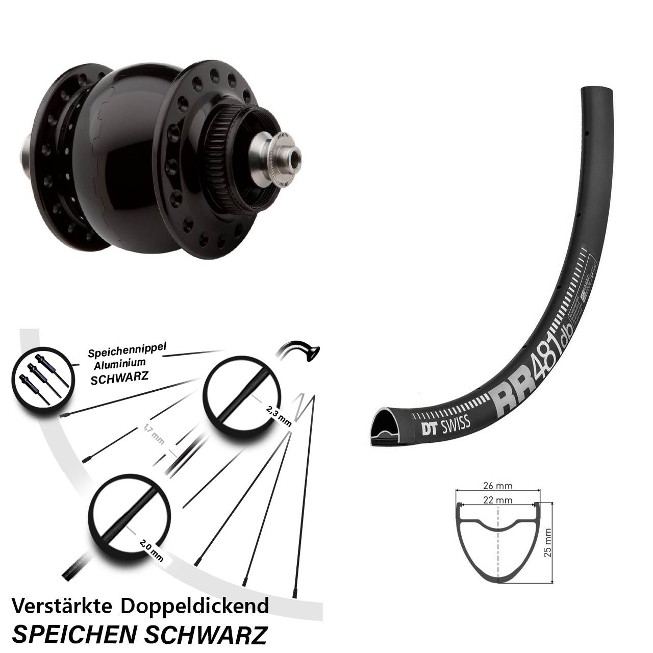 Disc Laufrad mit Nabendynamo für Schnellspanner DT Swiss RR 481 SON 28 Zoll