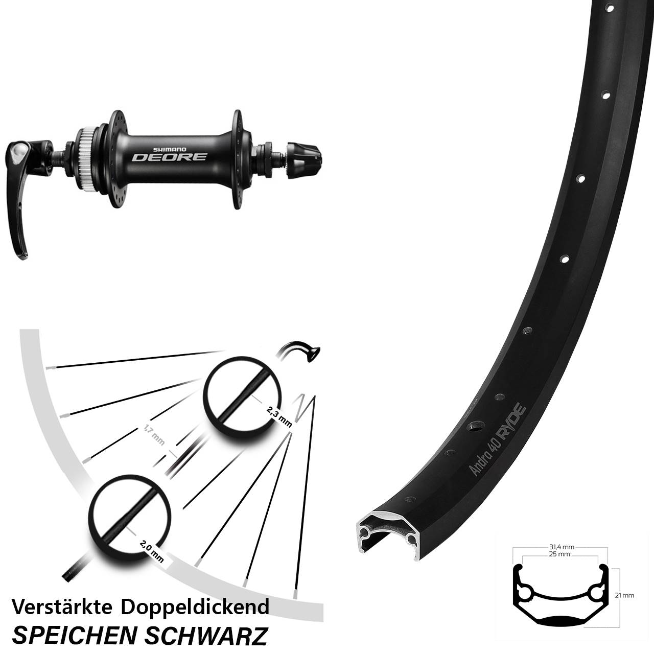 Ryde Andra 40 Disc Shimano Deore 650B Vorderrad Centerlock für Schnellspanner