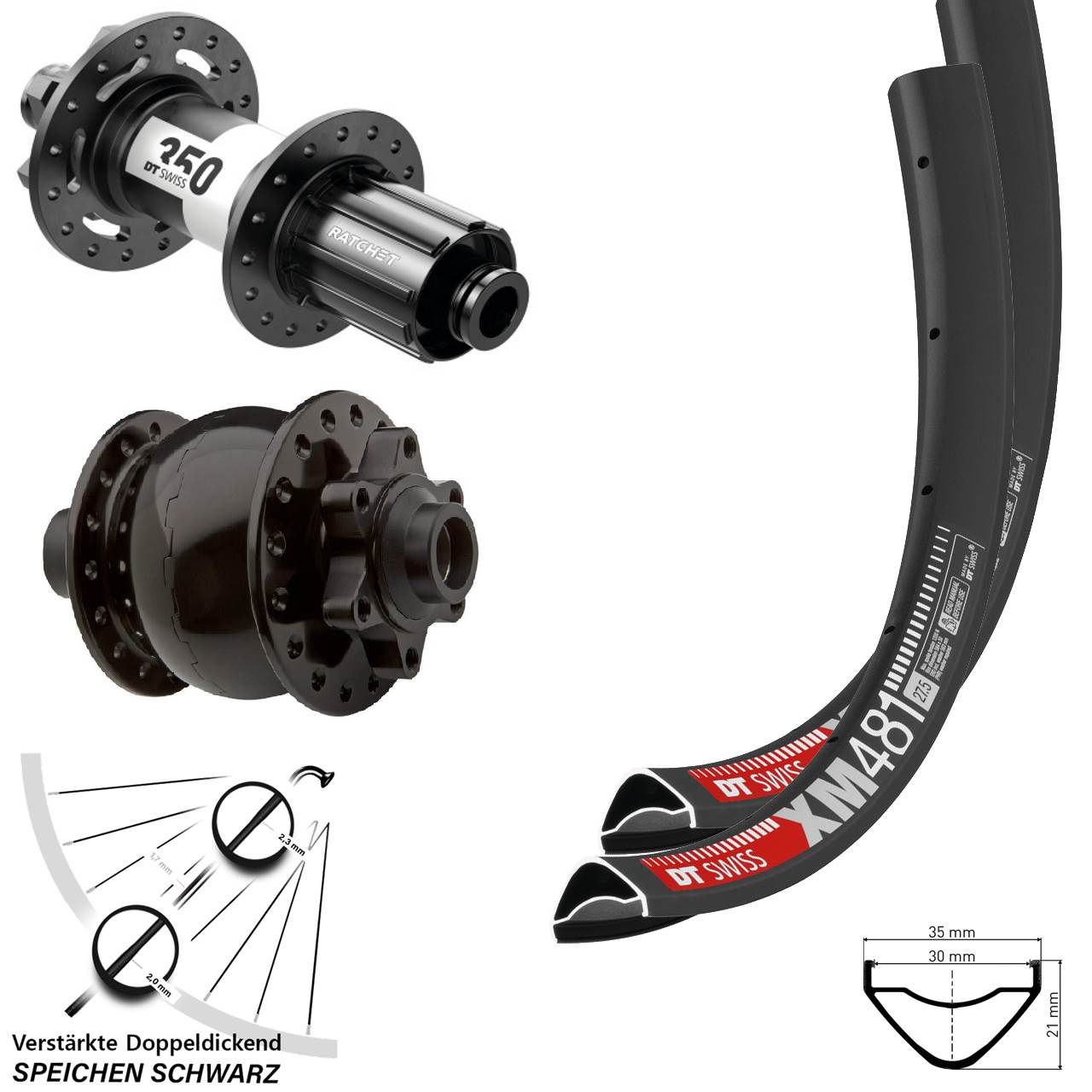 27,5 Zoll DT Swiss XM481-350 SON 28 Laufradsatz 6-Loch 15x100 12x142 8-11 fach HG