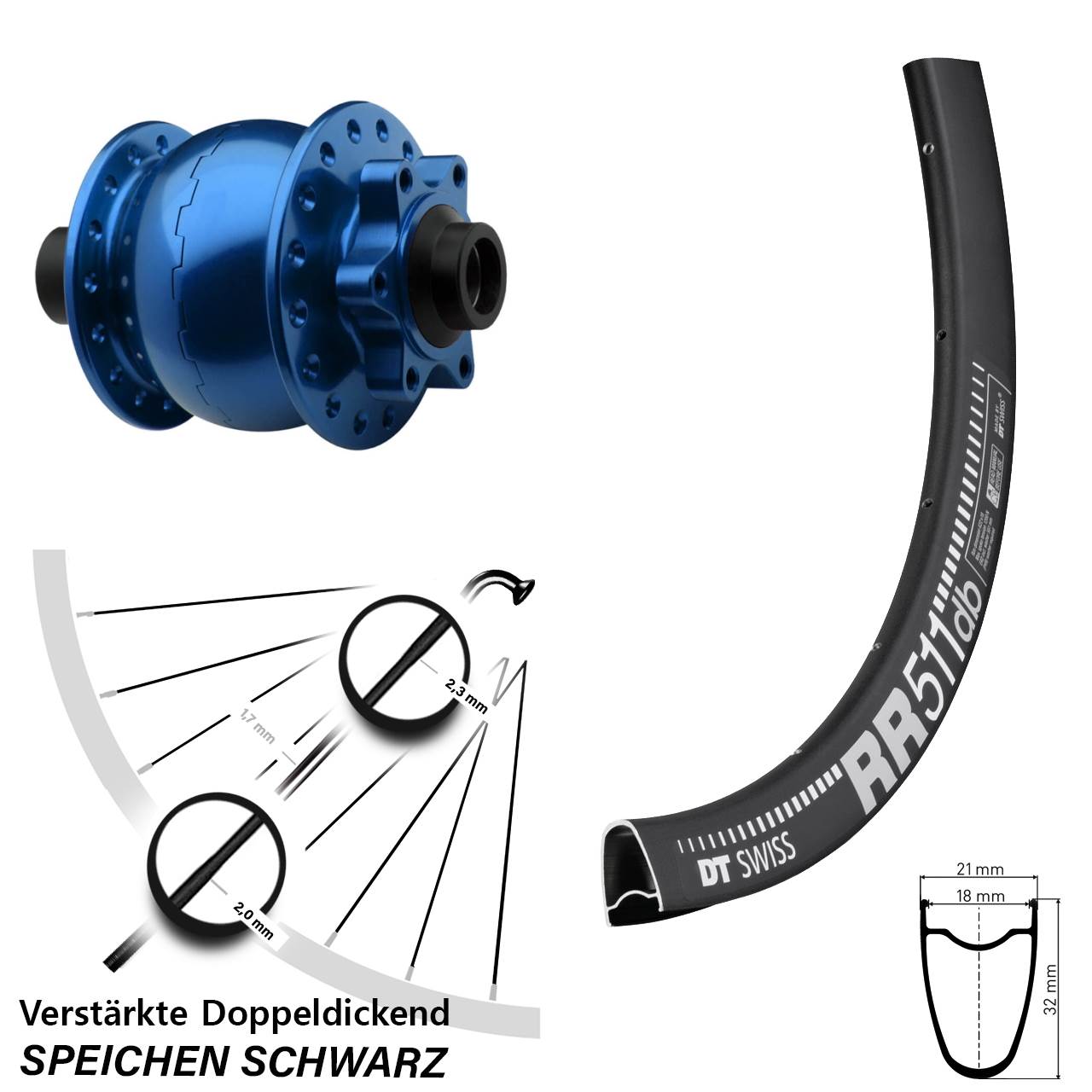 Disc Vorderrad mit Nabendynamo DT Swiss RR511 SON 28 Zoll blau 15x100