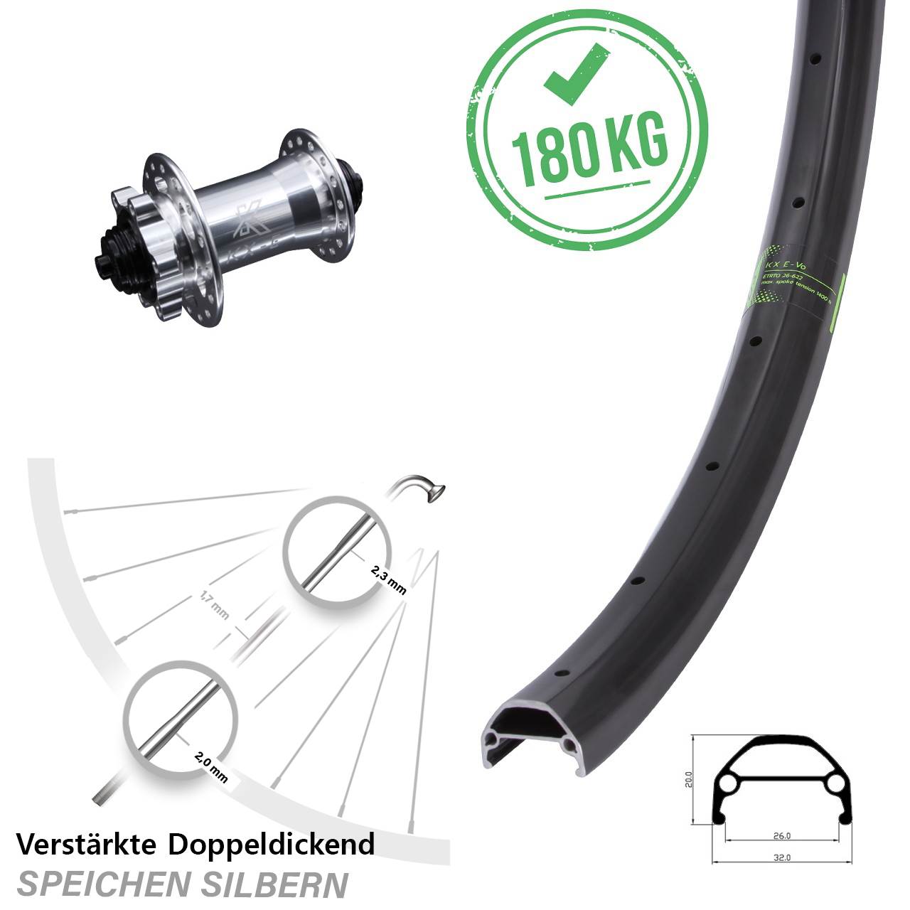verstärktes E-Bike 26 Zoll Vorderrad KX-Evo mit Nabe 5x100 mm 6-Loch