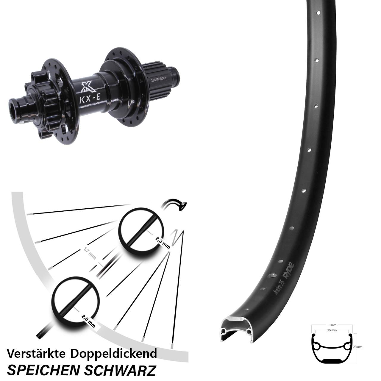 Disc Hinterrad 28 Zoll Ryde Andra 25 KX-E Heavy Duty Shimano Micro Spline 12x148