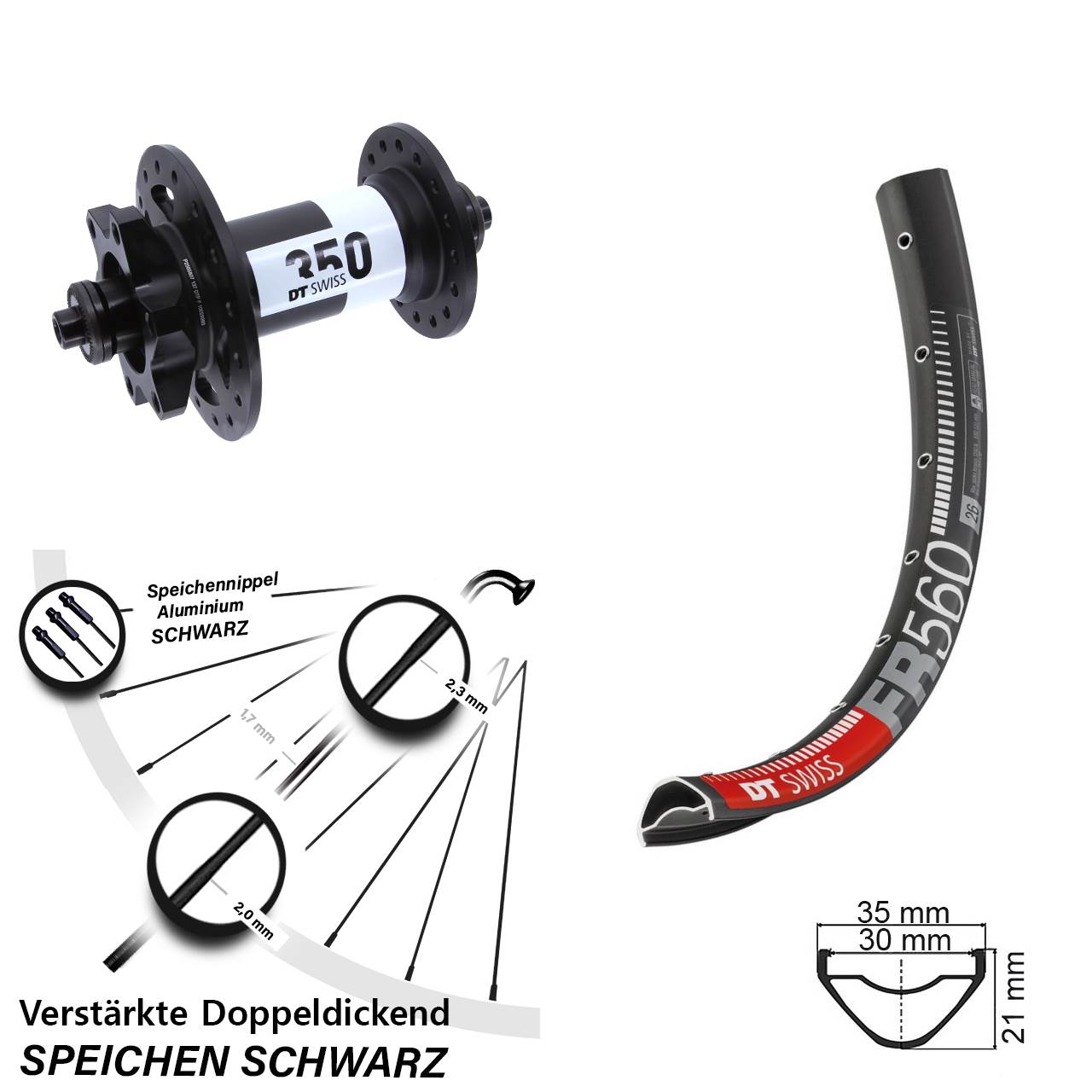 6-Loch Vorderrad 26 Zoll DT Swiss FR 560-350 für Schnellspanner