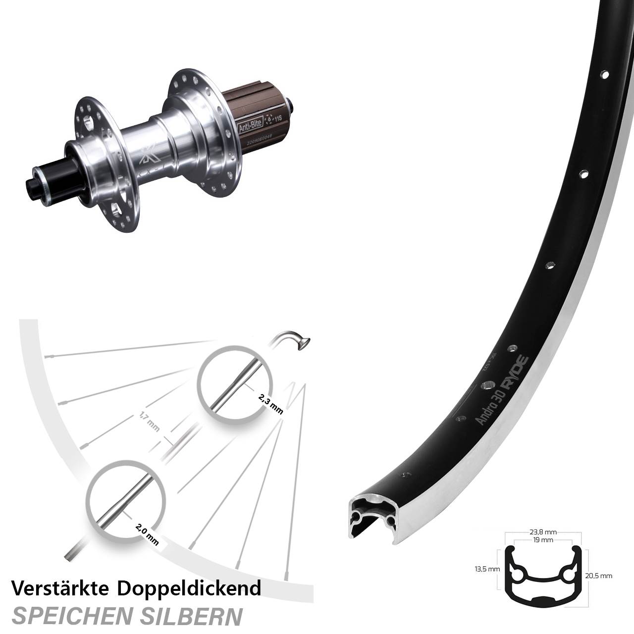 Ryde Andra 30 KX-T 26 Zoll Hinterrad für Schnellspanner 8-12 fach