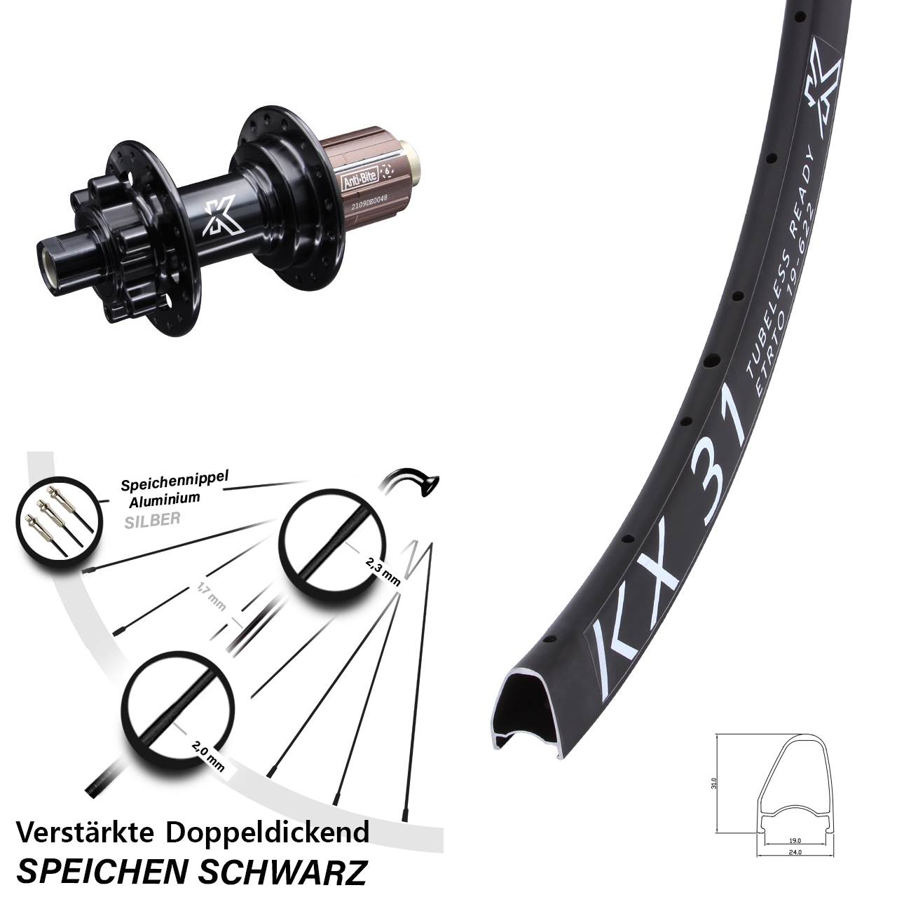 Disc Laufrad 28 Zoll KX 31 6-loch Shimano Anti-Bite 8-12 fach HG 12x142