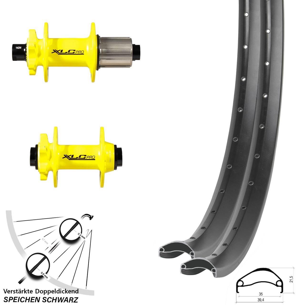 6-Loch Laufradsatz 15x100 12x142 29 Zoll Ambrosio E35 XLC Pro gelb 8-11 fach HG
