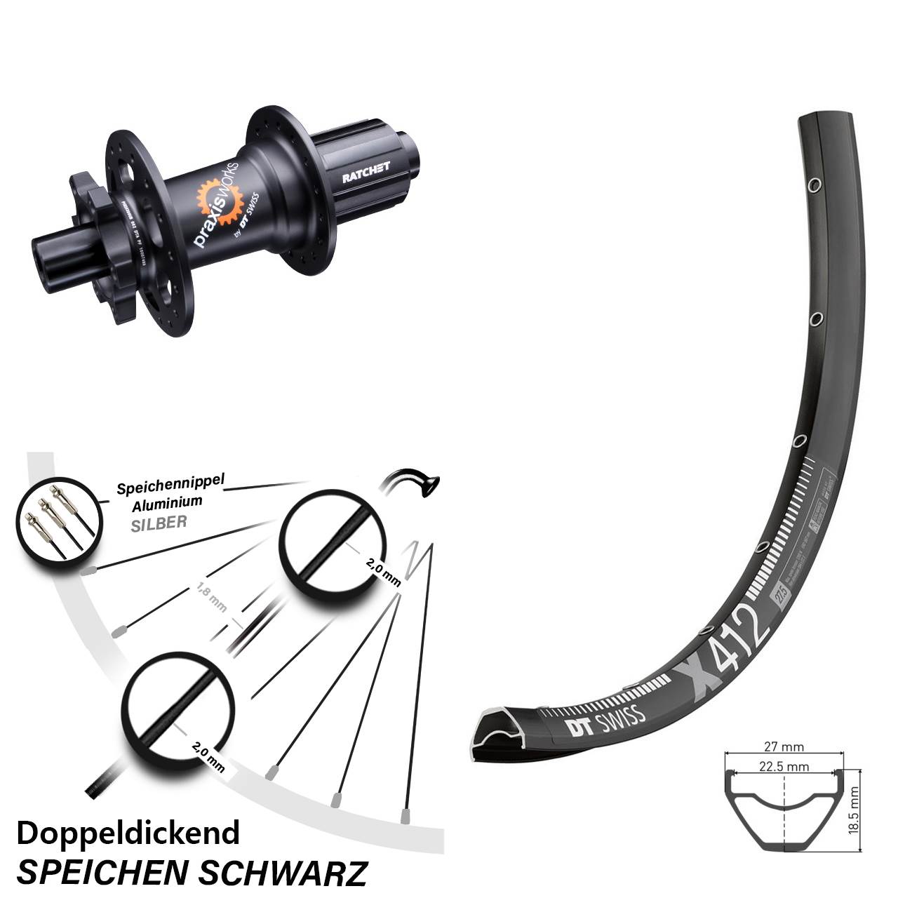 28 Zoll DT Swiss X 412-350 Hinterrad 6-Loch 12x142 8-11 fach