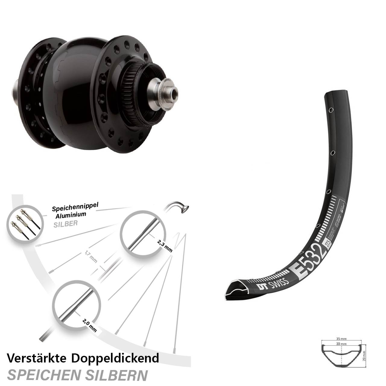 Centerlock Vorderrad mit Dynamo 27,5 Zoll DT Swiss E532 SON 28 für Schnellspanner