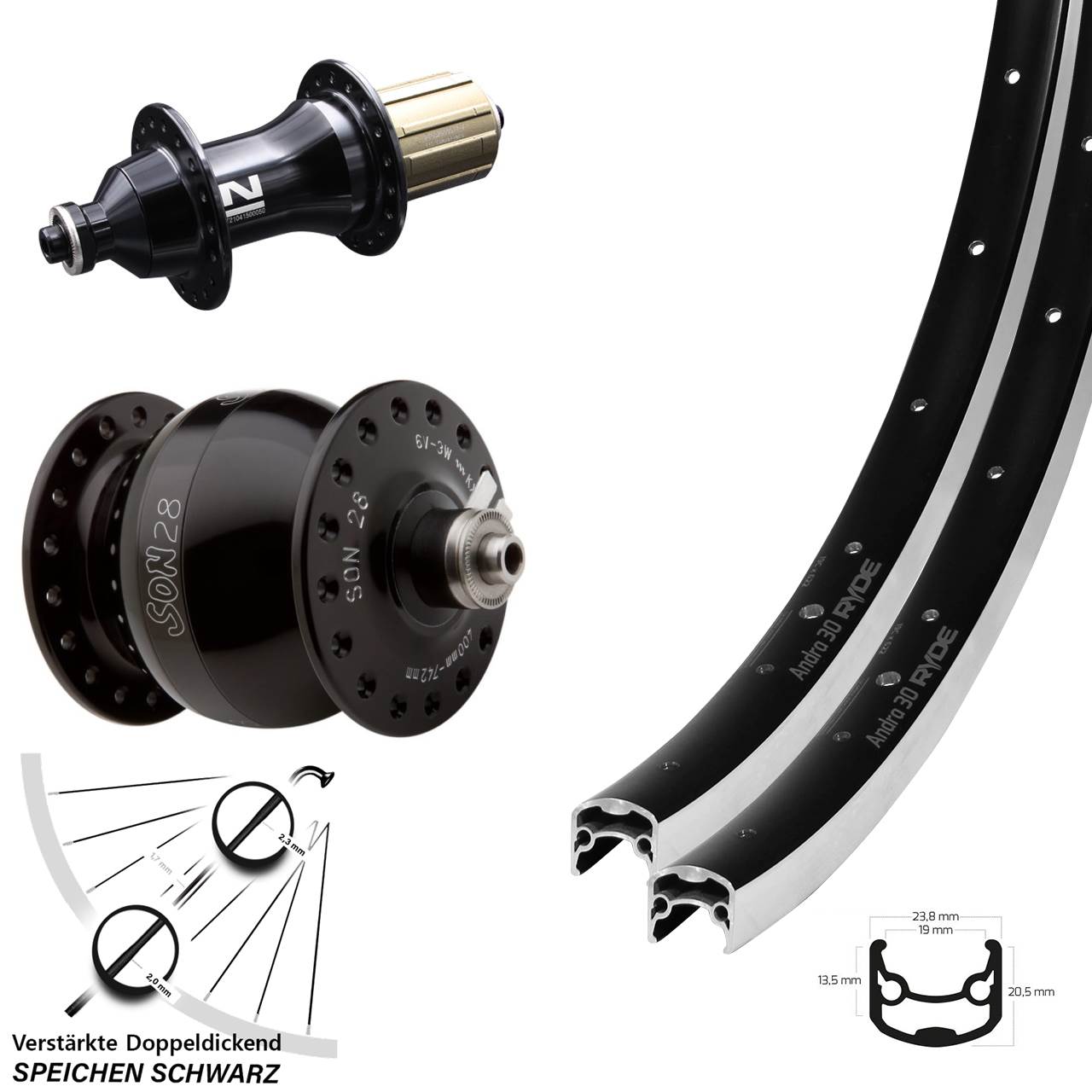 Laufradsatz SON 28 Zoll Ryde Andra 30 Novatec F162SB 8-12 fach HG für Schnellspanner