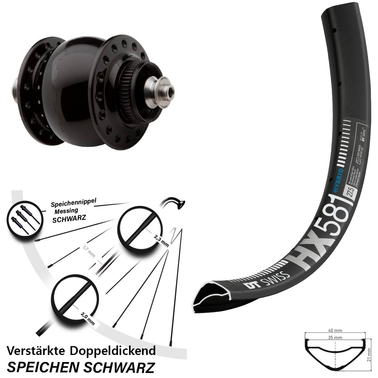 Disc Nabendynamovorderrad 27,5 Zoll DT Swiss HX581 SON 28 für Schnellspanner