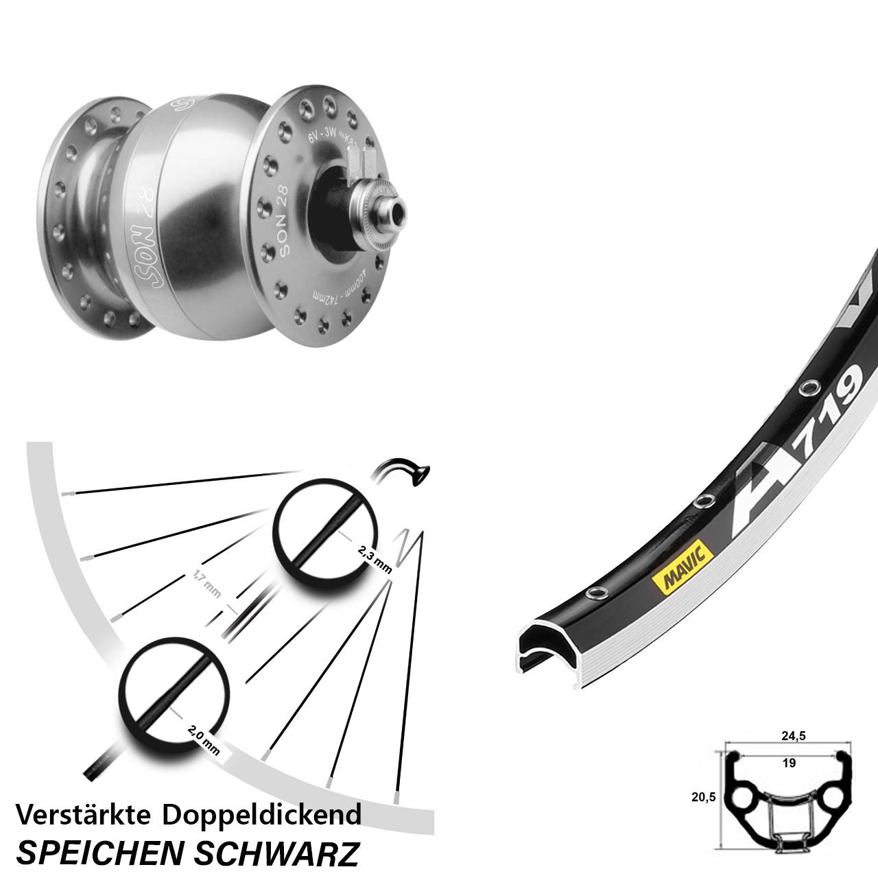 Vorderrad mit Nabendynamo SON 28 Zoll Mavic A 719 silbern QR