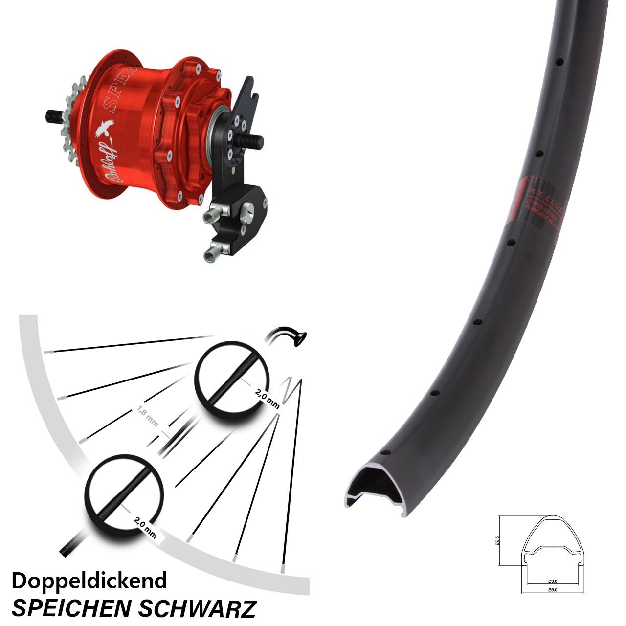 Hinterrad 26 Zoll KX Clue Rohloff Speedhub 500/14 TS DB OEM2 Tandem rot