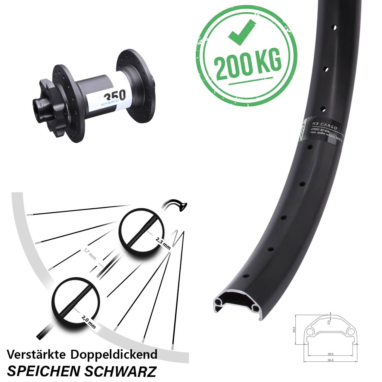 20 Zoll KX Cargo DT Swiss 350 Hybrid Boost 6-Loch Vorderrad 15x110 Lastenrad