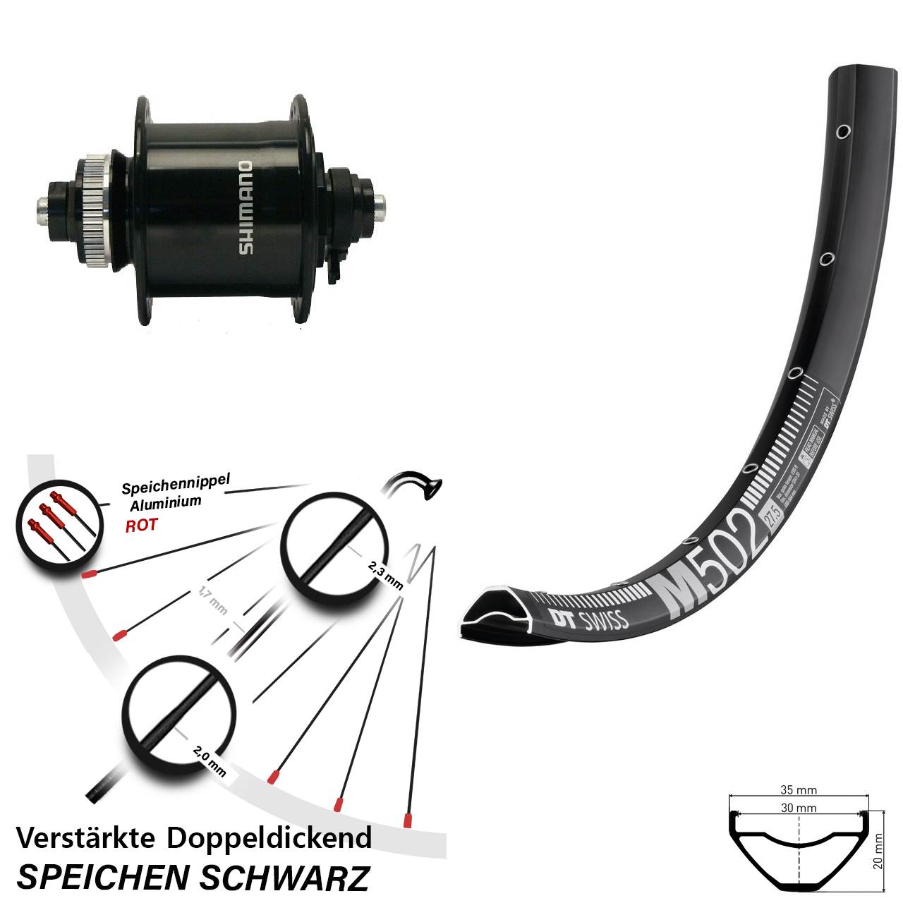 27,5 Zoll DT Swiss M 502 Shimano DH-UR700-3D Centerlock Vorderrad mit Nabendynamo QR