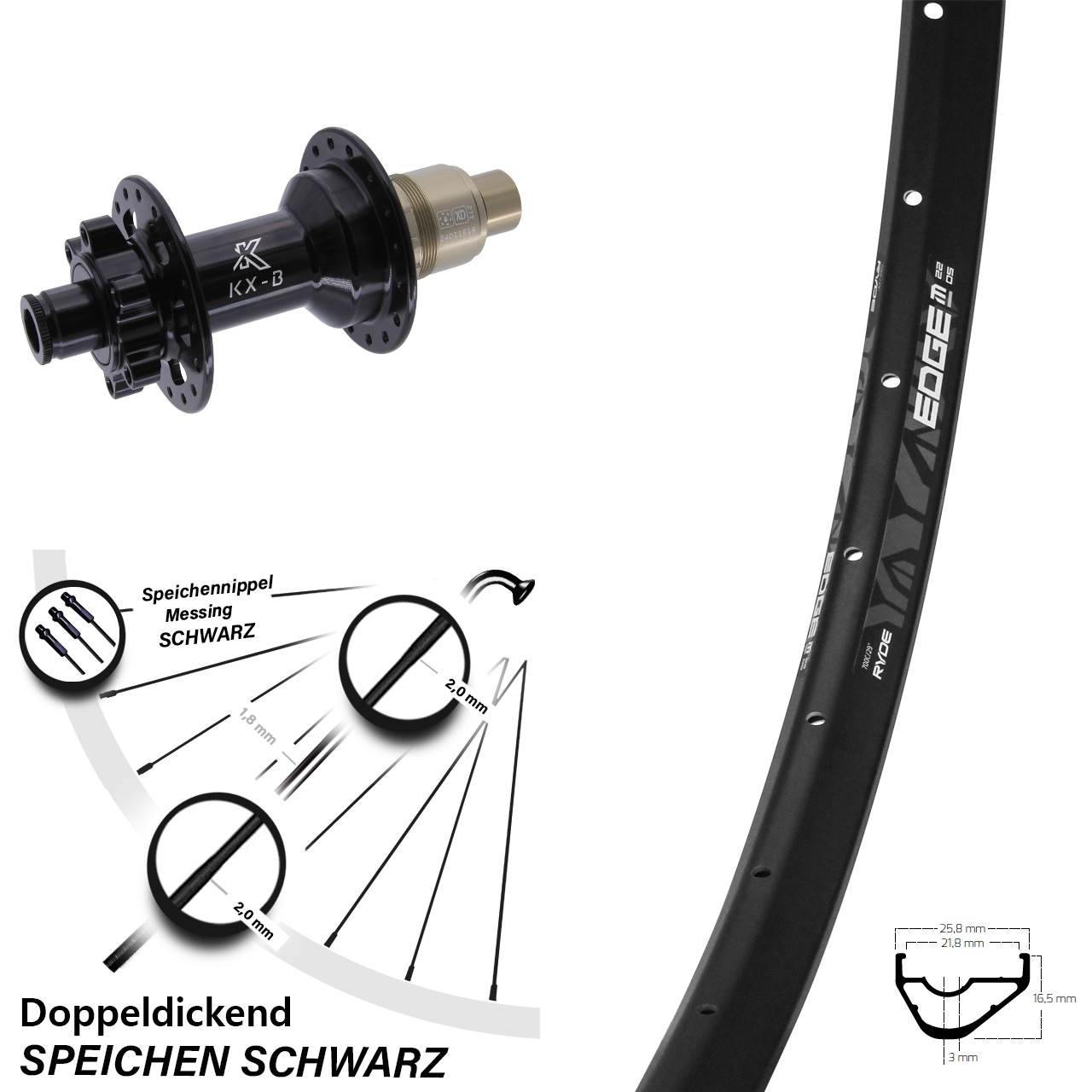 6-Loch Hinterrad 28 Zoll Ryde Edge M22 OS KX-B SRAM XD 12x148