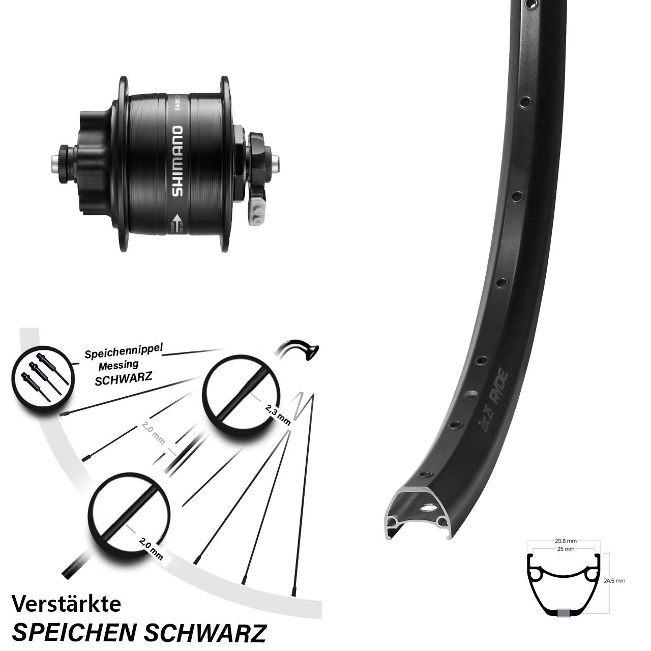 Ryde ZAC 25 Shimano DH-3D32 28-29 Zoll Vorderrad mit Nabendynamo 6-Loch QR