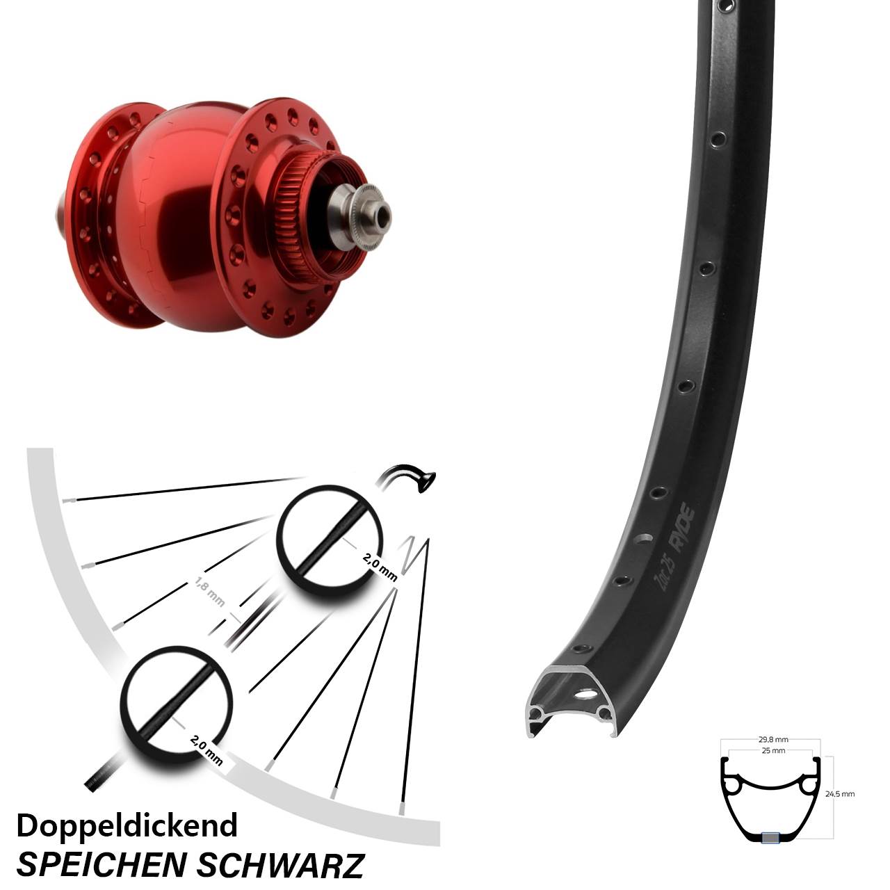 Nabendynamo-Vorderrad 28-29 Zoll Ryde ZAC 25 SON delux rot 5x100 Centerlock