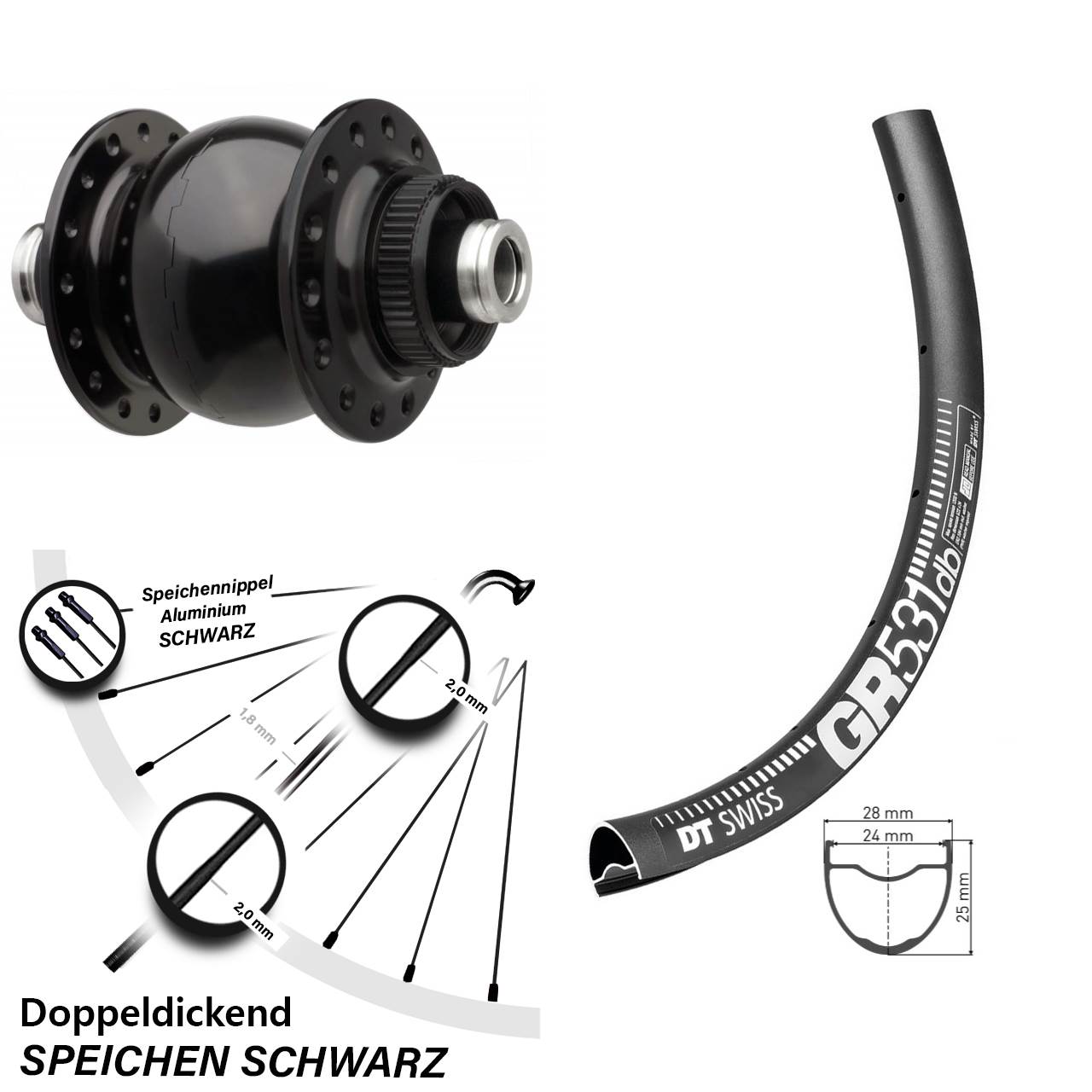 Vorderrad Gravel Dynamo SON 28 Zoll 12x110 mm DT Swiss GR 531 schwarz