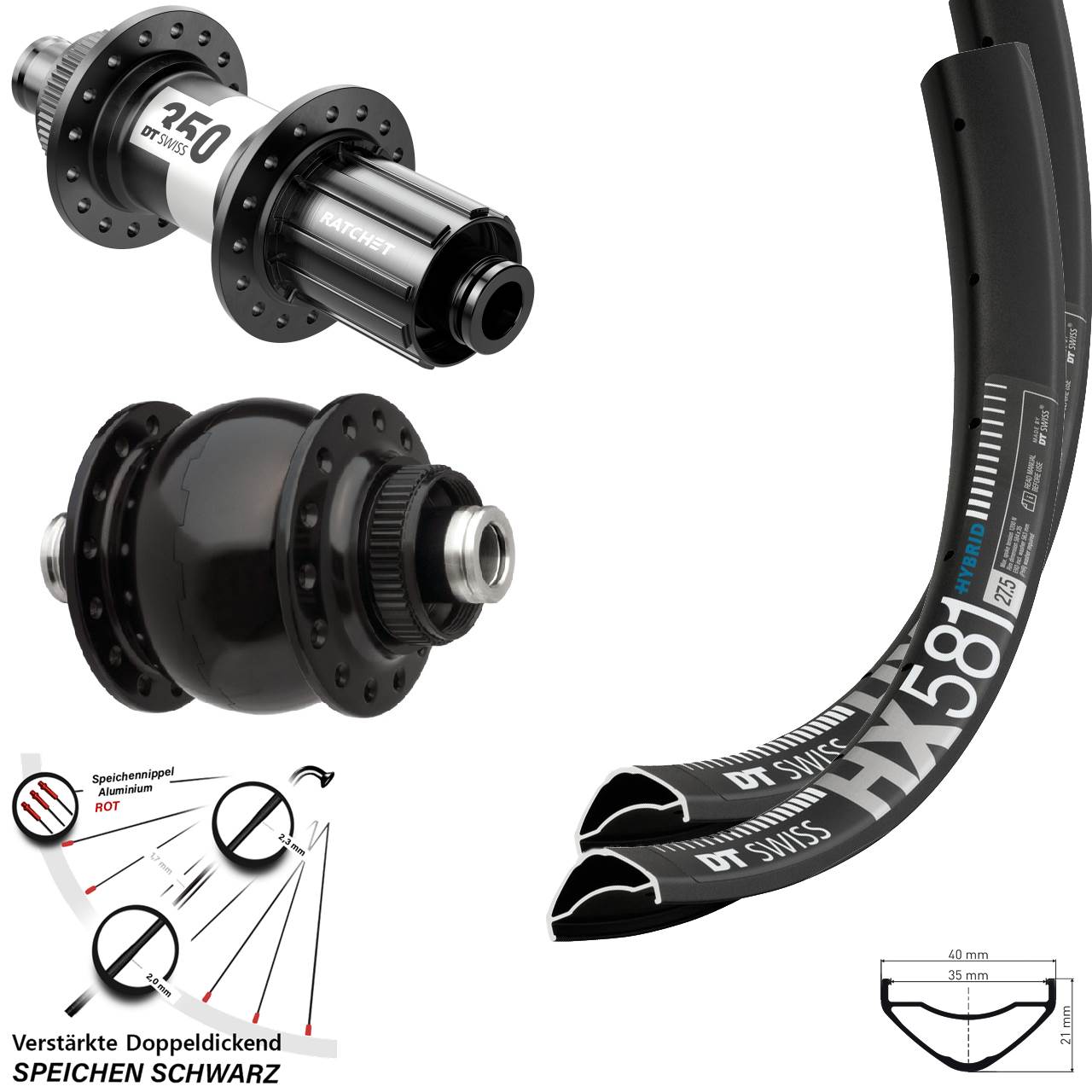 27,5 Zoll DT Swiss HX581 350 SON 28 Laufradsatz Centerlock 12x100/142 11-12 fach