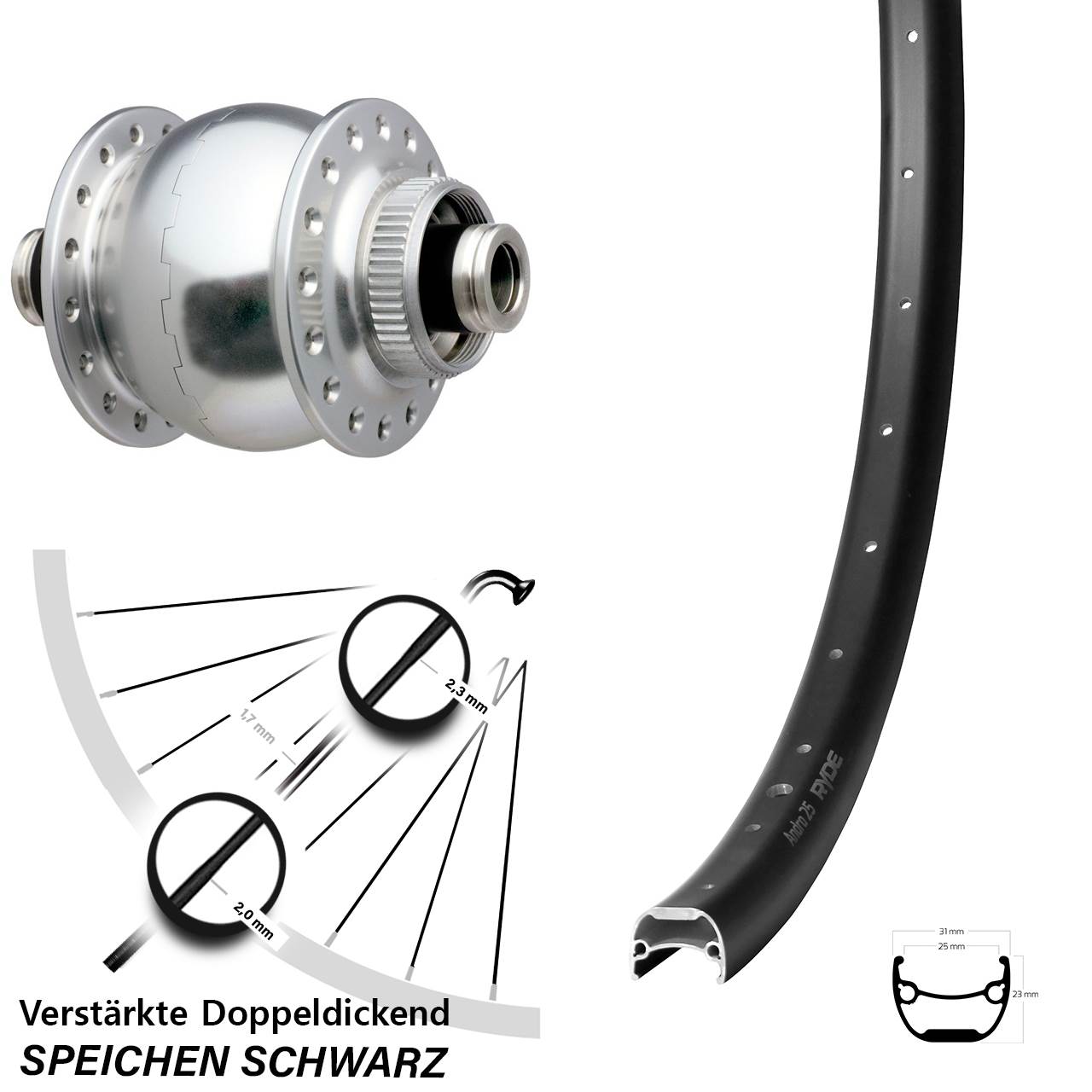29 Zoll Ryde Andra 25 SON 28 silbern Disc Nabendynamovorderrad 12x100