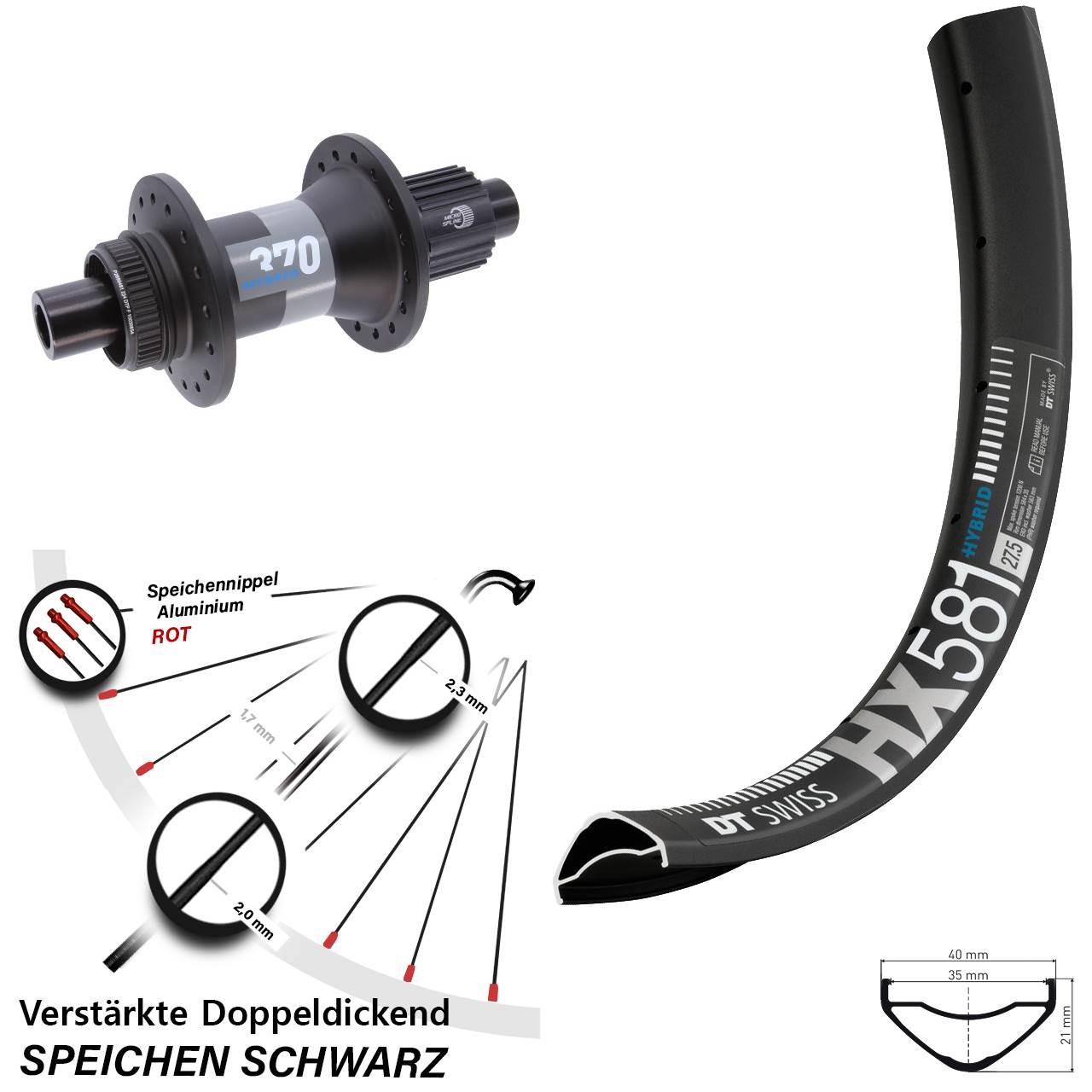 Hinterrad Centerlock 27,5 Zoll DT Swiss HX 581 370 Hybrid Shimano Micro Spline 12x148