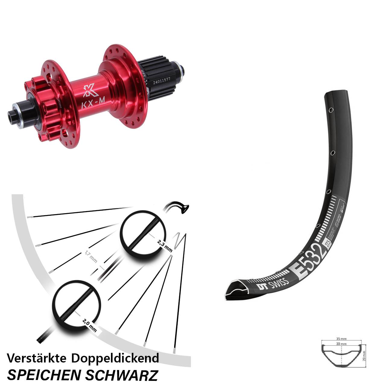 29 Zoll DT Swiss E 532 KX-M rot Hinterrad 6-Loch QR Micro Spline