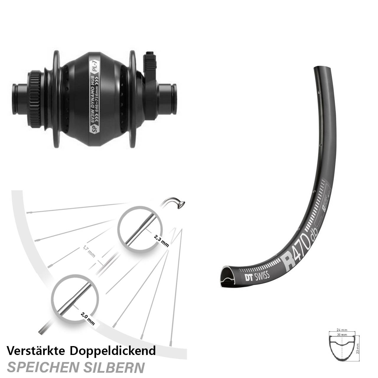Nabendynamovorderrad Centerlock 12x100 28 Zoll DT Swiss R470 Shutter Precision PL-7