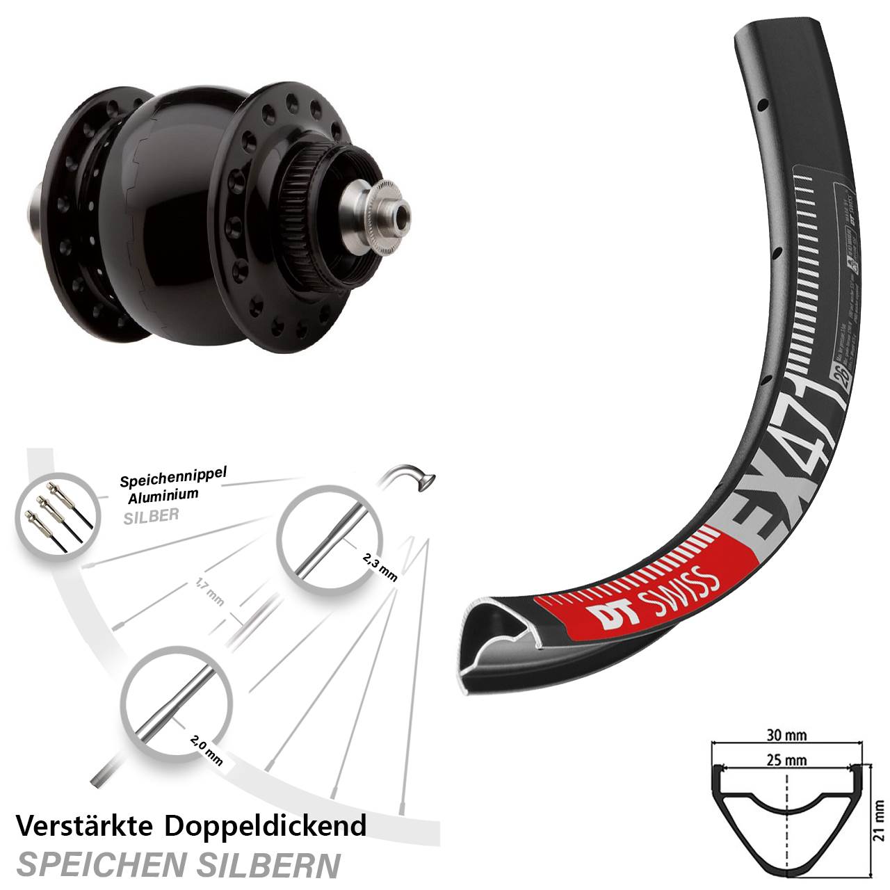 650B DT Swiss EX 471 SON 28 Centerlock Dynamo-Vorderrad für Schnellspanner