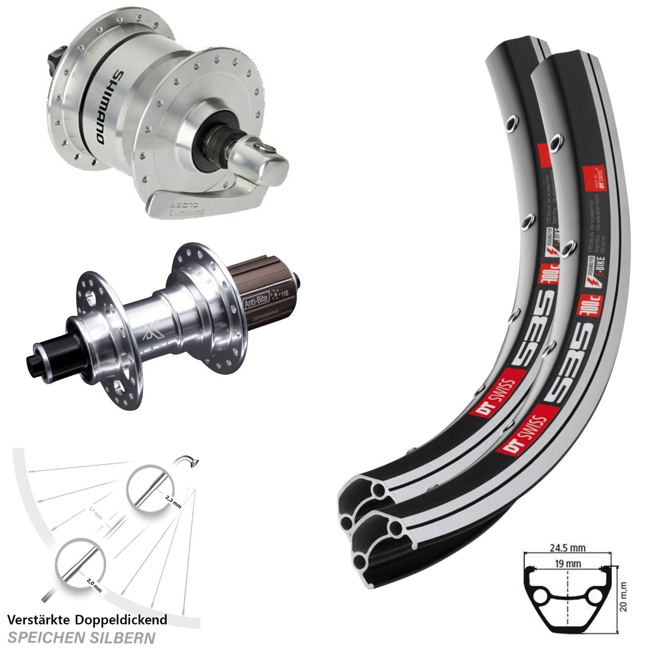 28 Zoll DT Swiss 535 KX-T Shimano DH3N72 Laufrad-Satz QR 8-12 fach
