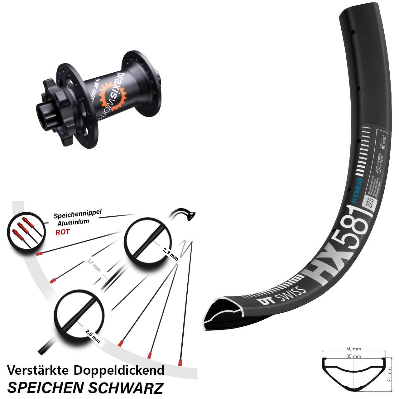 27,5 Zoll DT Swiss HX 581-350 SL 6-Loch Vorderrad 15x100