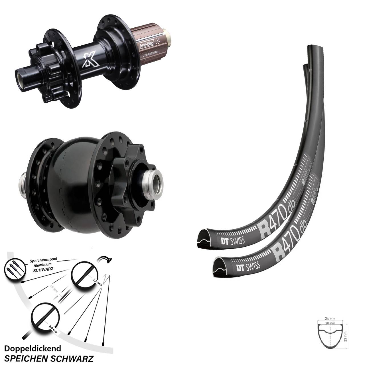 DT Swiss R 470 Laufradsatz KX-M Steckachse 11-fach 28 Zoll Dynamo SON 28-12