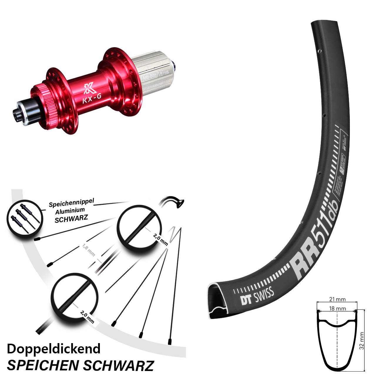 28 Zoll Hinterrad KX-G Nabe rot 5x135 mm 8-12 fach DT Swiss RR 511 DB Centerlock