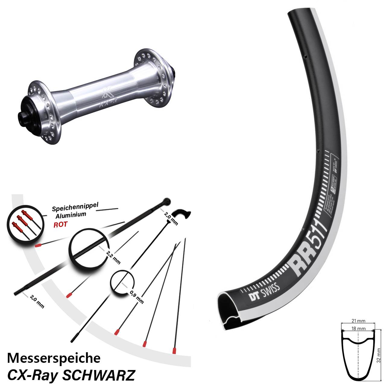 DT Swiss RR511 KX-R 28 Zoll Vorderrad QR CX-Ray